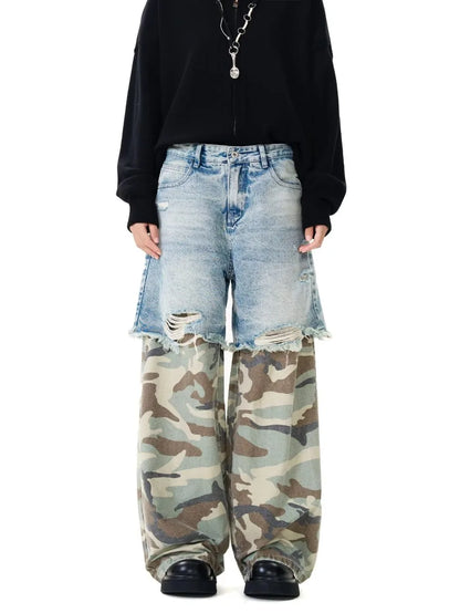Camouflage Patchwork Jeans Mens Fake Two Items Street Punk Unisex Denim Pants Multiple Pockets Blue Size S-3XL Cowboy Trousers Street King Limited