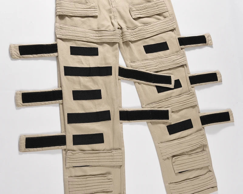high street magic tape solid color straight jeans cargo pants mens retro harajuku vibe style baggy casual denim trousersrs baggy cargo bottoms
