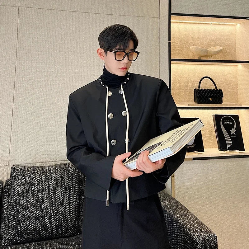men double breasted drawstring collar loose casual fashion short jacket male korean streetwear vintage coat man techwear shorts
