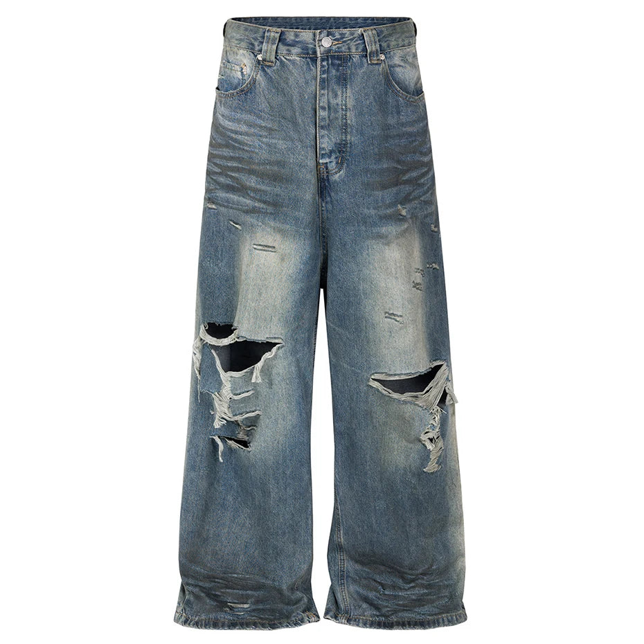 mens baggy jeans blue distressed ripped loose denim pants streetwear oversized hip hop jeans trousers unique jeans style 730