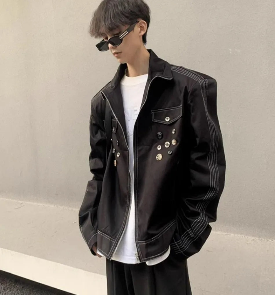 spring retro irregular button mens jacket shoulder pad design trend high street coats motorcycle fashion stand collar outwear unique default style 3865