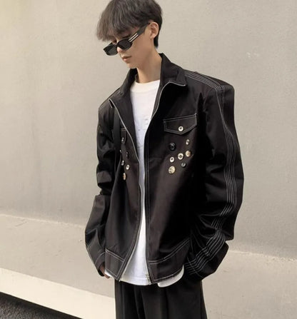 spring retro irregular button mens jacket shoulder pad design trend high street coats motorcycle fashion stand collar outwear unique default style 3865