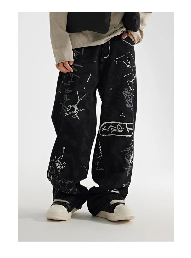 fashion graffiti printed denim jeans men unisex casual zipper wide legs straight jeans streetwear hip hop baggy pants joggers unique joggers style 4073