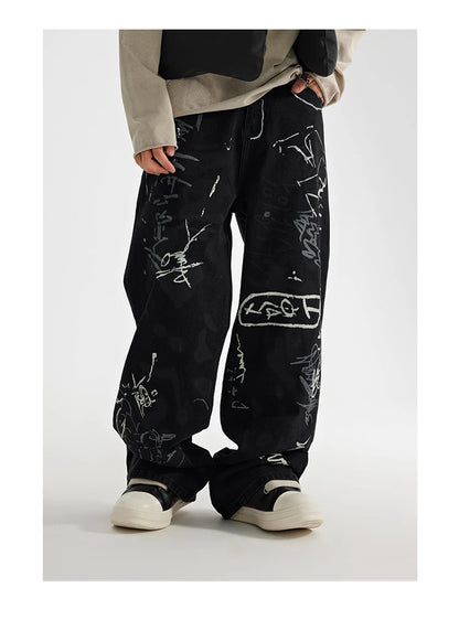 fashion graffiti printed denim jeans men unisex casual zipper wide legs straight jeans streetwear hip hop baggy pants joggers unique joggers style 4073