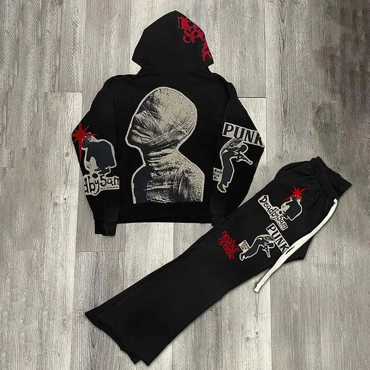 y2k vintage mummy graphic digital drawstring casual sports pants women street autumn winter set print hooded men sweatshirts urban fashion pants