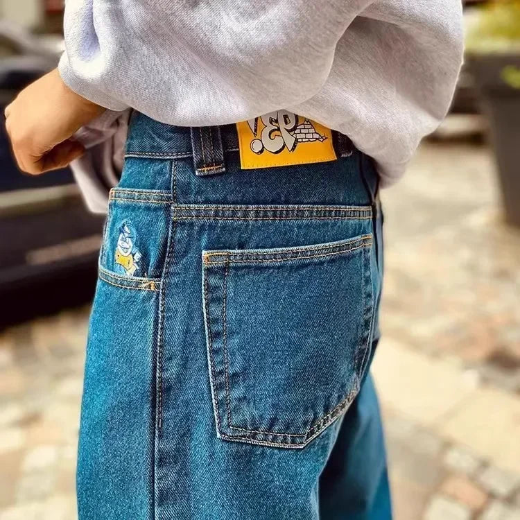 Hip Hop Gothic Cartoon Big Boy Graphic Embroidery Baggy Jeans Black Pants Jeans Y2K Mens Womens Harajuku High Waist Wide Trouser Street King Limited