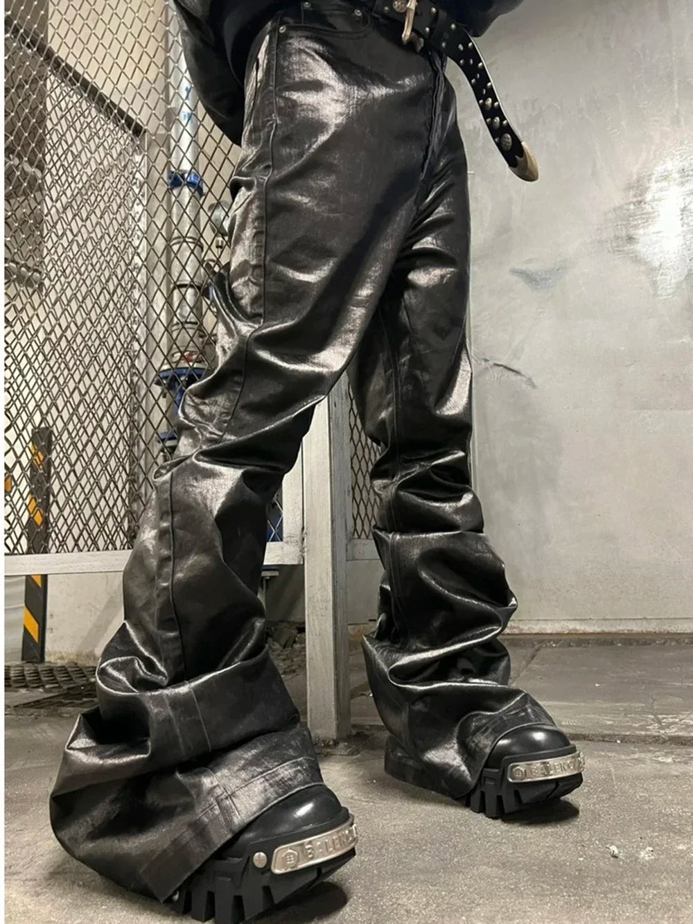 high street wide leg glossy pu leather pants sashes boot cut men and wome straight baggy casual jeans oversized flared trousers denim street jeans