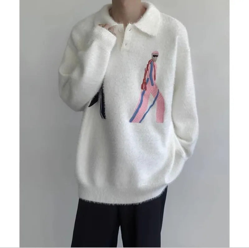 Korean Embroidery Lapel Sweater Mens Spring Street Trends Soft Seahorse Hair Loose Pullover Thickening Y2K Couple Knitwear New Street King Limited