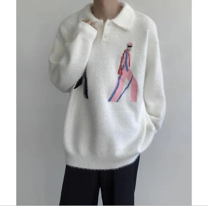 Korean Embroidery Lapel Sweater Mens Spring Street Trends Soft Seahorse Hair Loose Pullover Thickening Y2K Couple Knitwear New Street King Limited