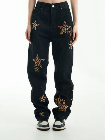 black baggy jeans men star patchwork straight denim pants fashion jeans male streetwear hip hop y2k loose trousers unique jeans style 4884
