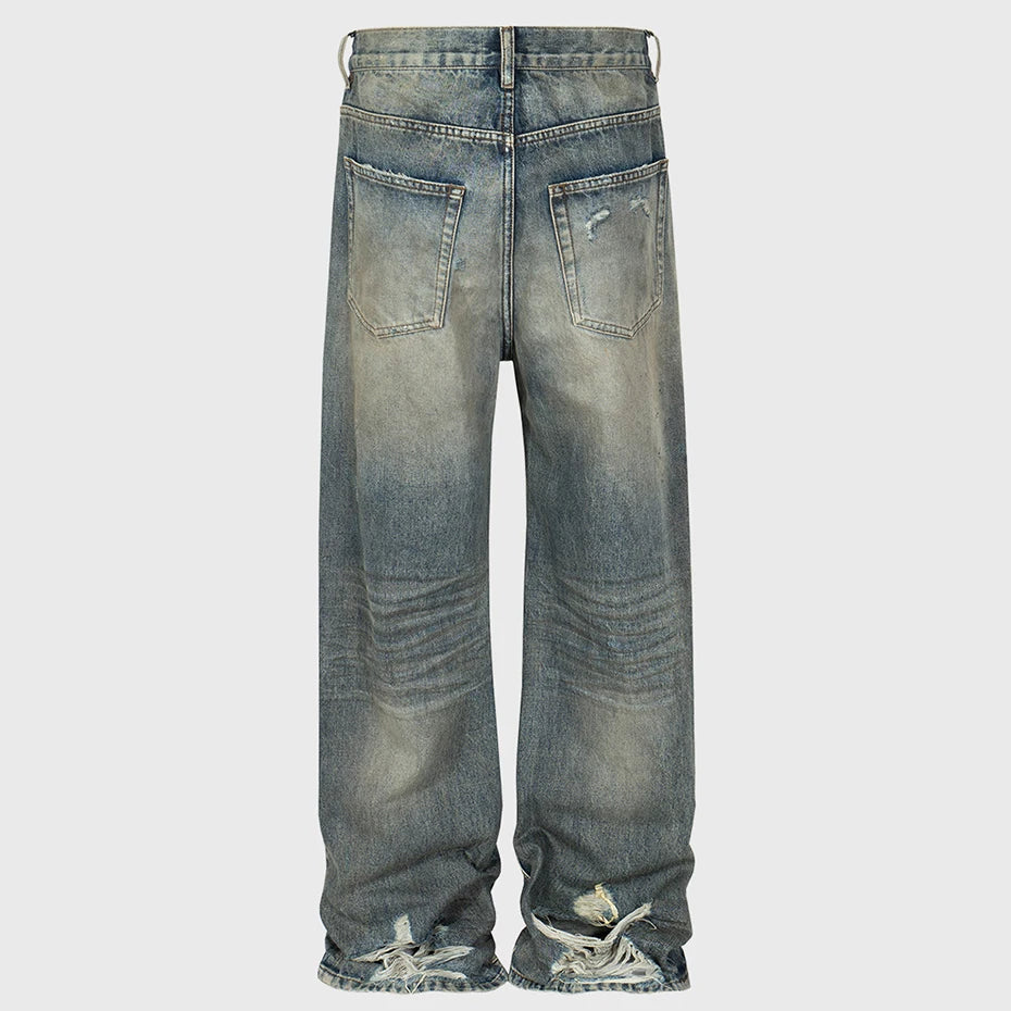 vintage men jeans blue baggy denim pants dirty washed retro loose straight jeans trousers unique jeans style 5907