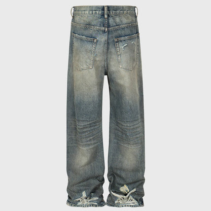 vintage men jeans blue baggy denim pants dirty washed retro loose straight jeans trousers unique jeans style 5907