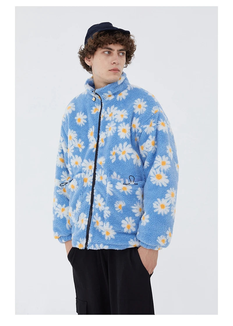 rainbowtouches cotton padded thick parkas jackets streetwear hip hop daisy print fleece warm full zip coats harajuku outwear unique default style 4408