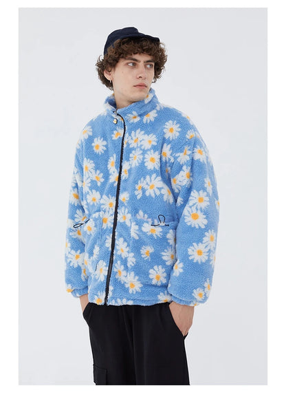 rainbowtouches cotton padded thick parkas jackets streetwear hip hop daisy print fleece warm full zip coats harajuku outwear unique default style 4408