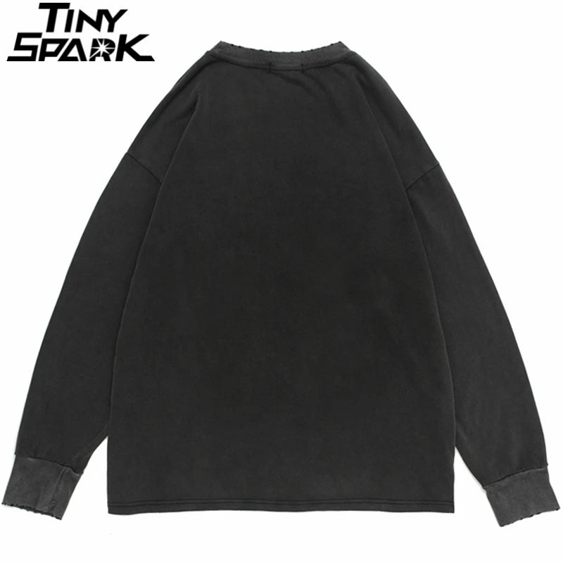 Hip Hop 2023 Men Streetwear Sweatshirt Skull Lightning Print Pullover Ripped Hole Sweatshirt Harajuku Cotton Loose Sweat Shirt Street King Limited
