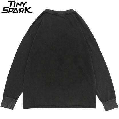 Hip Hop 2023 Men Streetwear Sweatshirt Skull Lightning Print Pullover Ripped Hole Sweatshirt Harajuku Cotton Loose Sweat Shirt Street King Limited