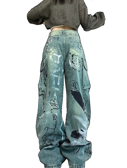 graffiti printed denim jeans unisex side pocket straight cargo jean trousers hip hop streetwear casual loose joggers jeans pants unique joggers style 2689