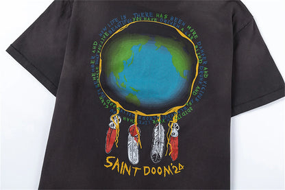Vintage Retro 24ss Print High-Street Old School Distressed Cotton Tops T-Shirt For Summer Street King Limited