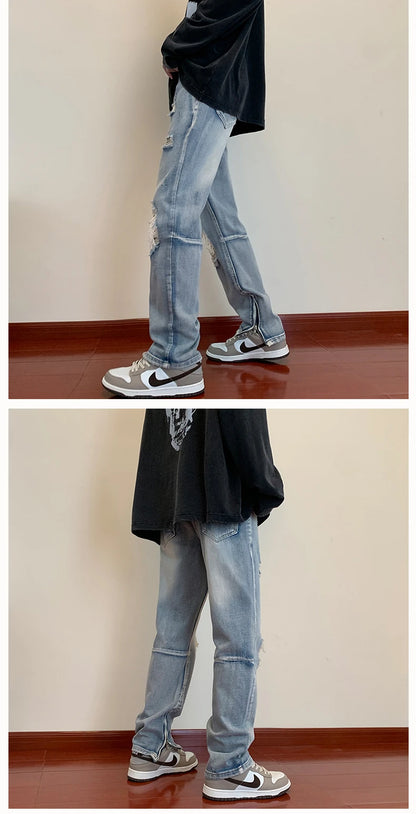 bottom zipper destroyed washed jeans skinny jeans ripped holes trousers men biker jeans fashion streetwear hip hop pants joggers unique joggers style 2011