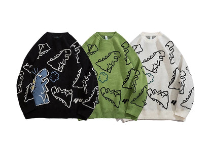 Fashion Knitted Sweater Autumn Winter O-neck Dinosaur Pattern Pullover Streetwear Unisex Casual Loose Sweaters Jumper Knitwears Street King Limited