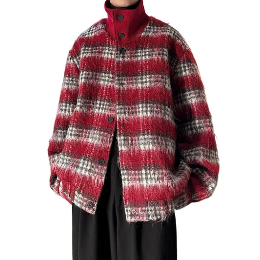 men turtleneck trendy brand fashion stripe christmas woolen bomber jacket women oversize plaid top coat outerwear clean everyday pants