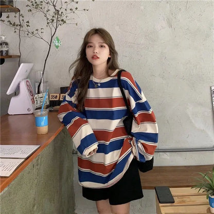 Women T shirts Striped Sweatshirt Thin tops 2024 Spring Women's Clothing Korean Fashion Couples Long Sleeve Teed y2k Pullovers Street King Limited