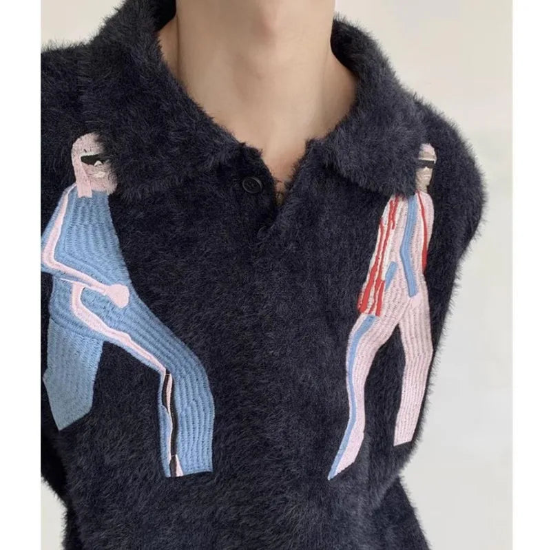 Korean Embroidery Lapel Sweater Mens Spring Street Trends Soft Seahorse Hair Loose Pullover Thickening Y2K Couple Knitwear New Street King Limited