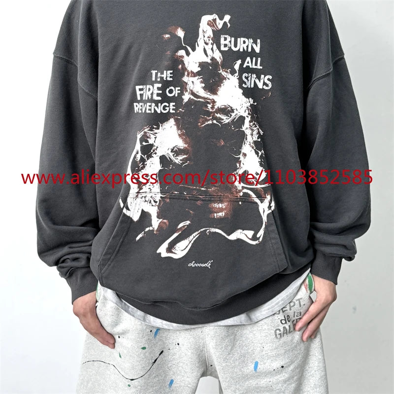 Autumn New 2024 Vintage American Long sleeved Hoodie Men's Heavyweight Flame Print High Street Tops Oversize Trendy Fashion Street King Limited