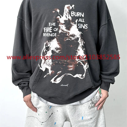 Autumn New 2024 Vintage American Long sleeved Hoodie Men's Heavyweight Flame Print High Street Tops Oversize Trendy Fashion Street King Limited
