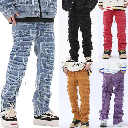 tassel hole spliced european and american straight leg denim pants new popular patch jeans mens wear unique jeans style 300