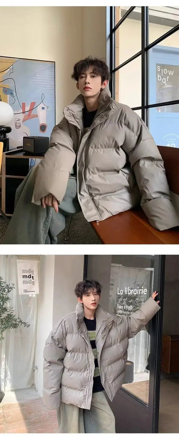 Winter Korean style stand up collar trend PU leather men and women high-end feeling thick cotton jacket couple loose casual top Street King Limited