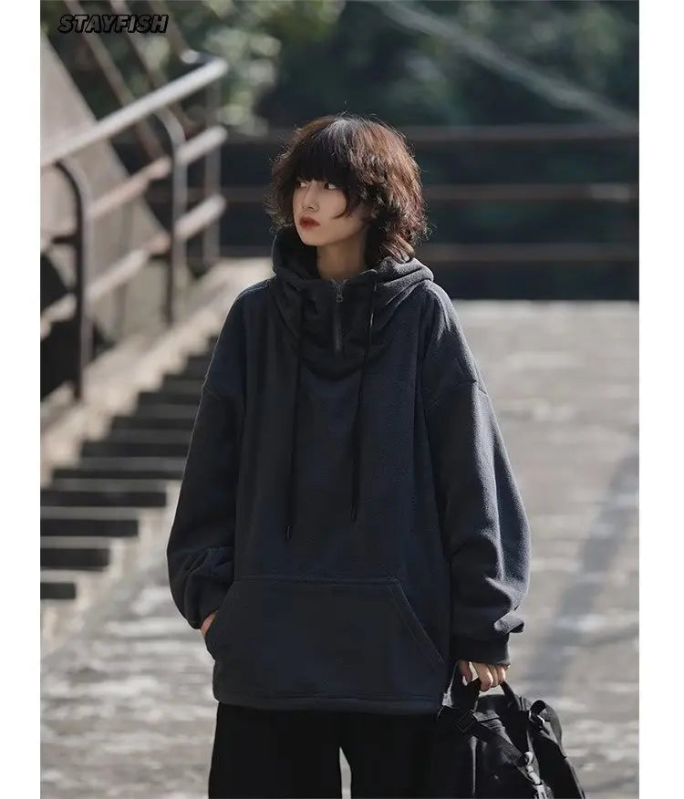 Men Women Winter Fleece Hoodies Korean Style Half Zipper Harajuku Hip Hop Hooded Sweatshirt Street Oversized Couple Pullovers Street King Limited