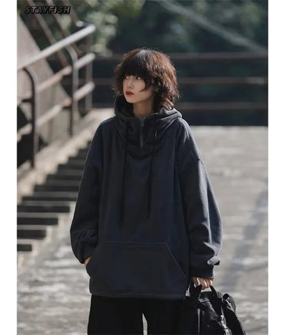 Men Women Winter Fleece Hoodies Korean Style Half Zipper Harajuku Hip Hop Hooded Sweatshirt Street Oversized Couple Pullovers Street King Limited