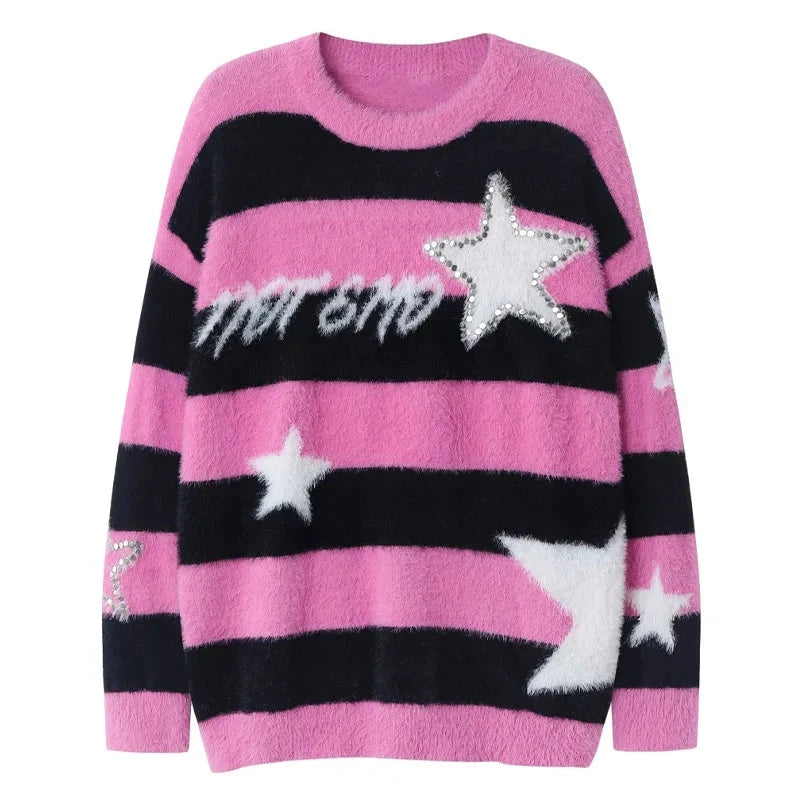 Men Sweater Rivet Stars Contrast Color Striped Jumper American Retro Loose Casual Pullover Harajuku O Neck Couple Knitwear Street King Limited