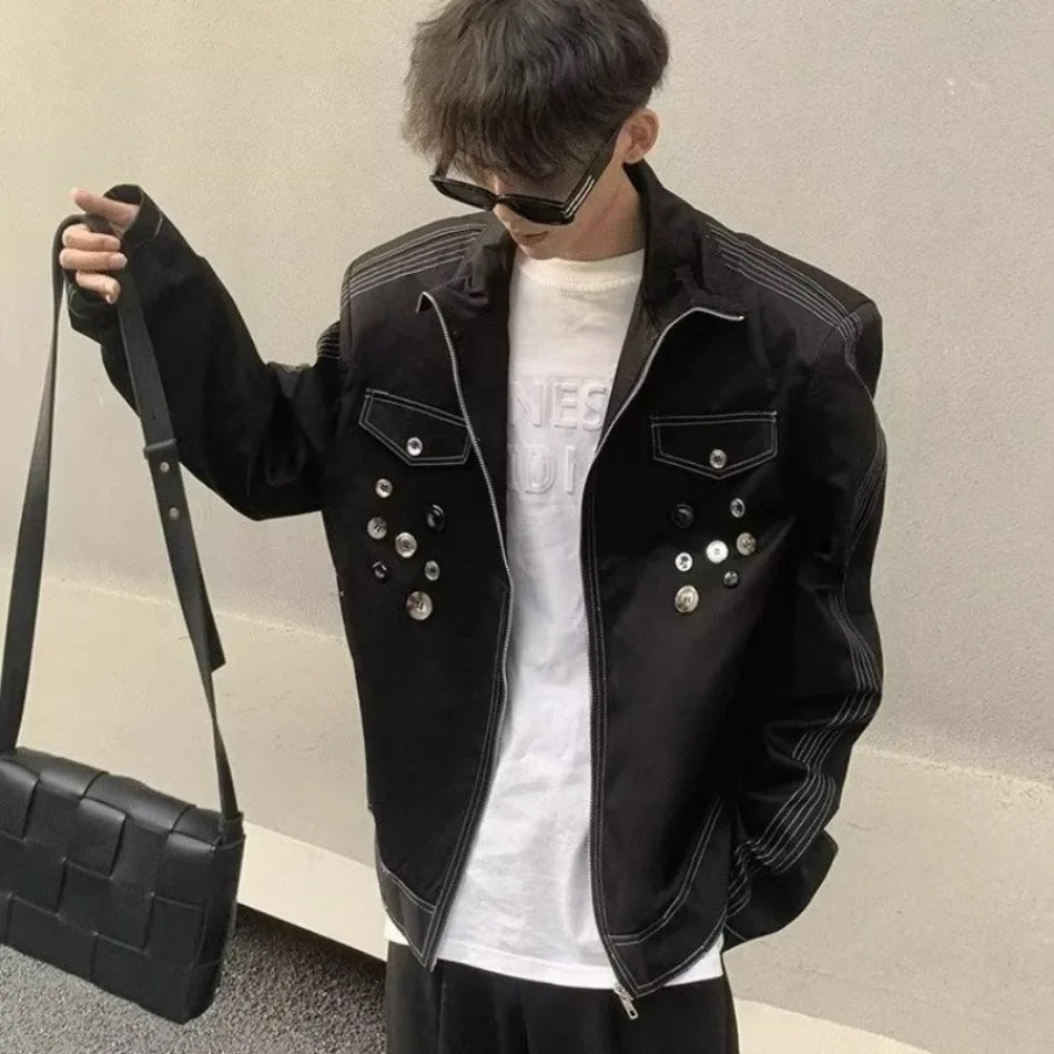 spring retro irregular button mens jacket shoulder pad design trend high street coats motorcycle fashion stand collar outwear unique default style 3867