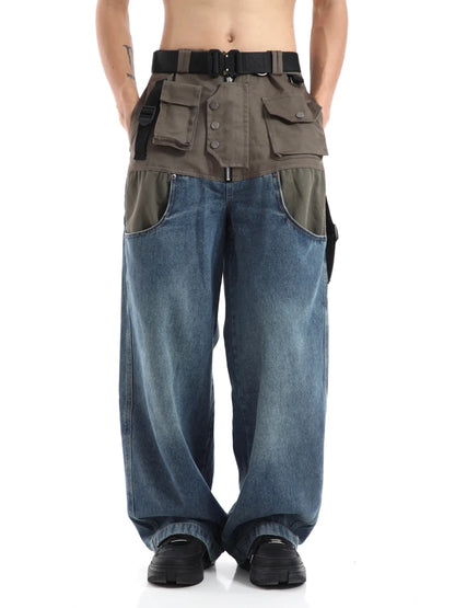 high street cargo pocket patchwork denim jeans pants unisex fashion loose wide leg straight functional tactics pants joggers men sporty tapered joggers