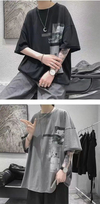 T-shirt men's 2024 summer new Korean style short-sleeved fat man versatile top student trendy T-shirt men clothing y2k tops emo Street King Limited