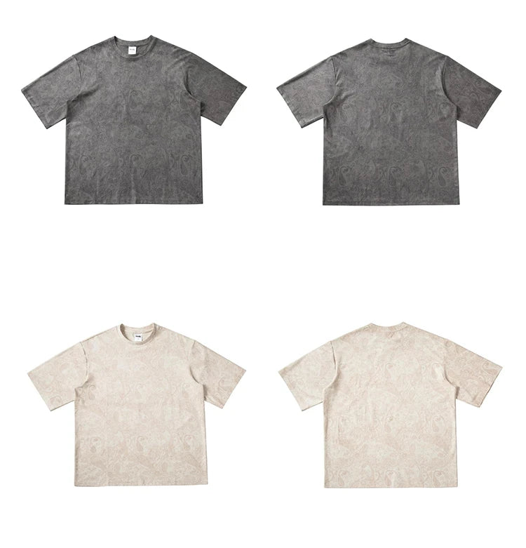 Merican Hip-hop Summer Thin Section Suede Cashew Flower Print Tshirts Tops Men and Women Loose Short-sleeved T-shirts Oversized Street King Limited
