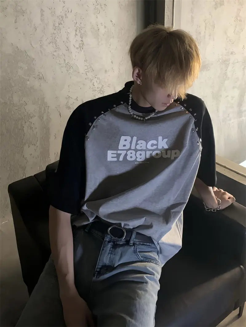 Trendy brand Korean splicing plug-in short-sleeved T-shirt men's summer design niche silver diamond design letter print y2k top Street King Limited