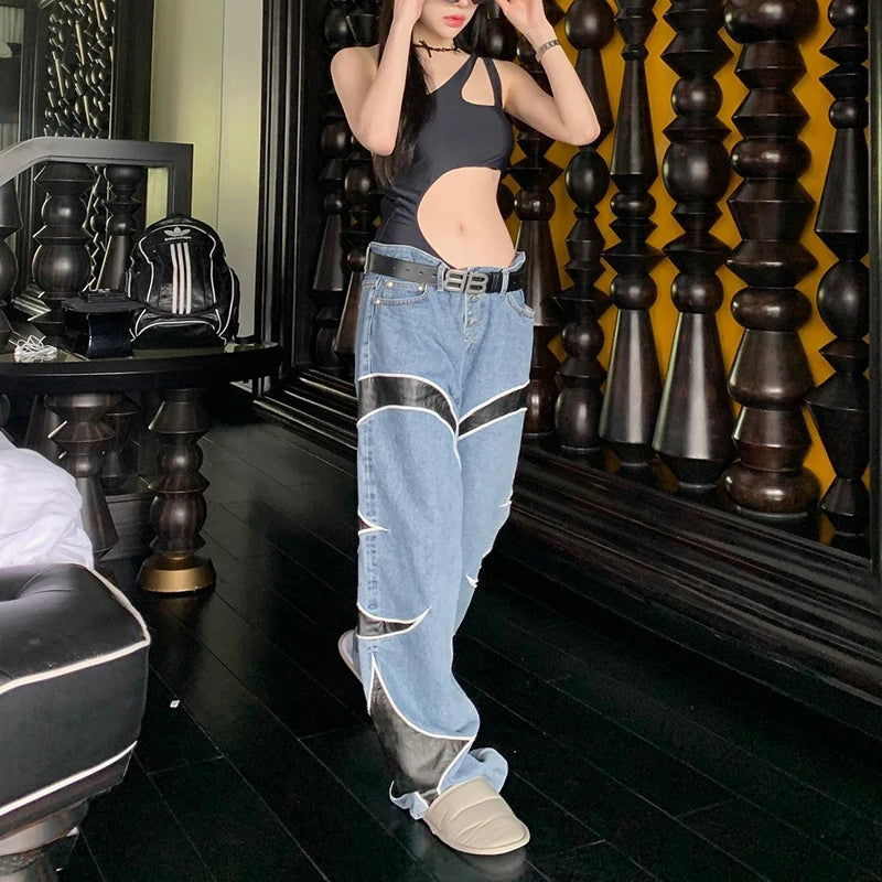 letter embroidery pu leaher patchwork baggy y2k jeans mens streetwear straight oversized denim trousers unisex cargo pants unique cargo style 102