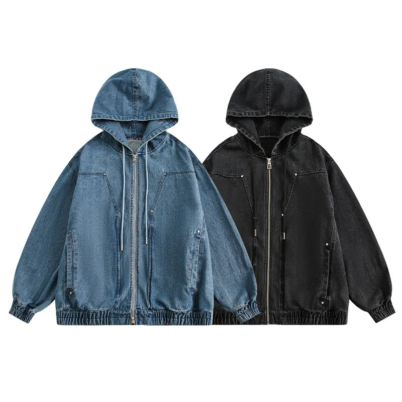 Men Vintage Hoodie Hip Hop Harajuku Denim Jackets Trend Zipper Loose Coats Casual Streetwear Fashion Outwear Unisex Y2K Street King Limited