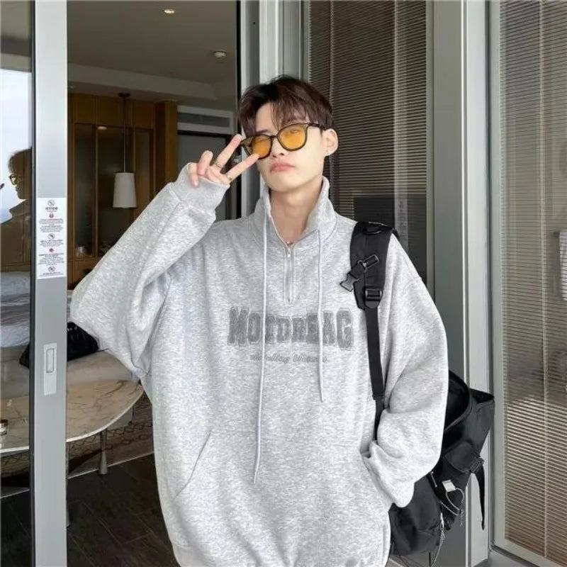 Street Half Zip Hoodie Mens Spring New Vintage Letter Embroidery Loose Sweatshirt Drawstring High Collar Big Pocket Pullover Top Street King Limited