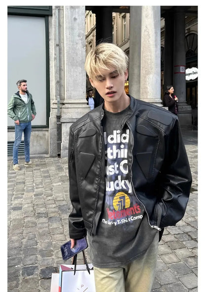 high street motorcycle pu leather jacket men hip hop trend shoulder padded coat street fashion stand collar zipper short outwear unique shorts style 1948
