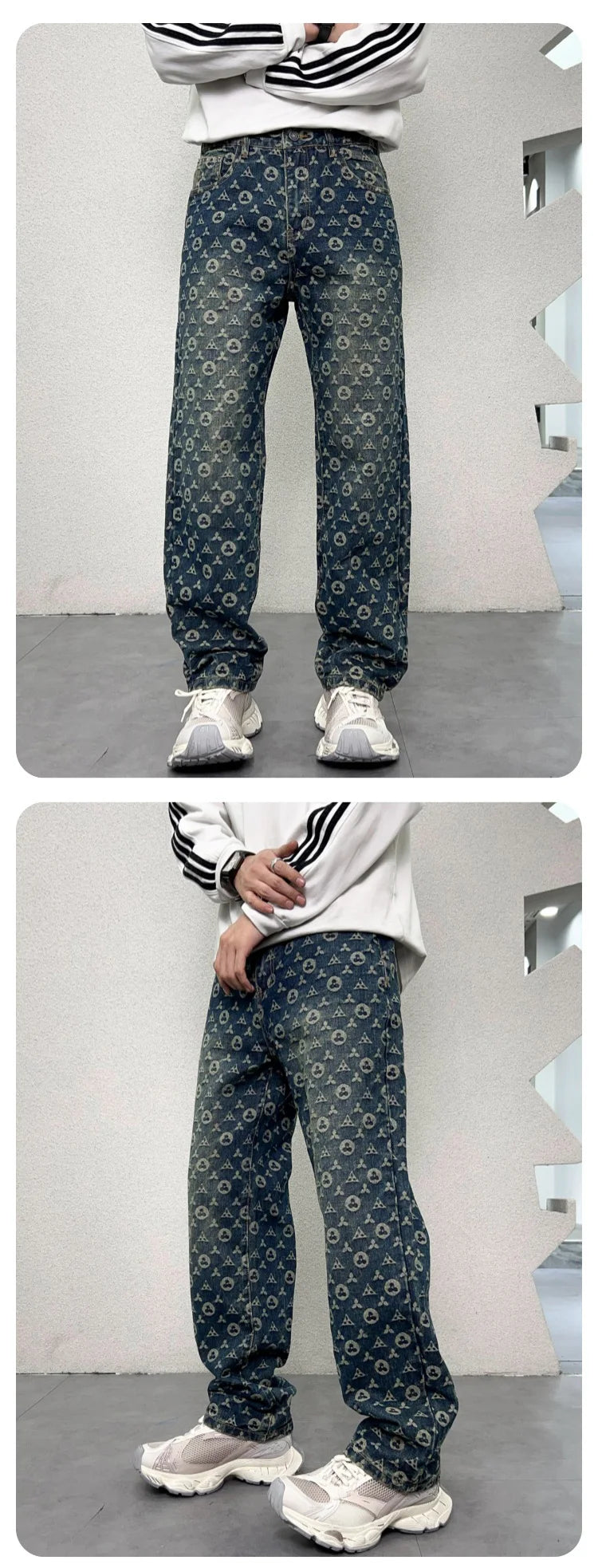 men jacquard streetwear hip hop vibe casual straight denim jeans pants boyfriend high street ripped jeans trousers unique jeans style 3016