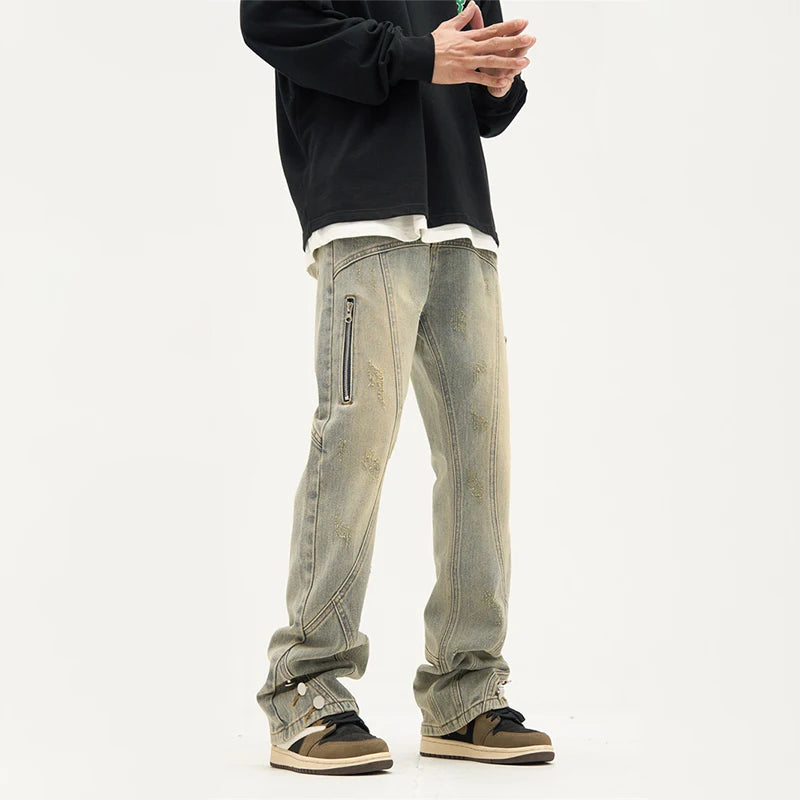 american high street retro straight jeans men casual patchwork y2k denim pants hip hop streetwear zipper baggy cargo jean utility cargo pants