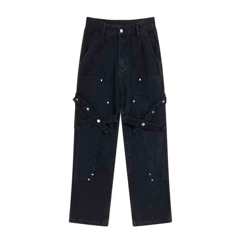 fashion knee adjust belt decoration denim jeans zipper straight jeans hip hop streetwear mens casual loose joggers jeans pants unique joggers style 1529