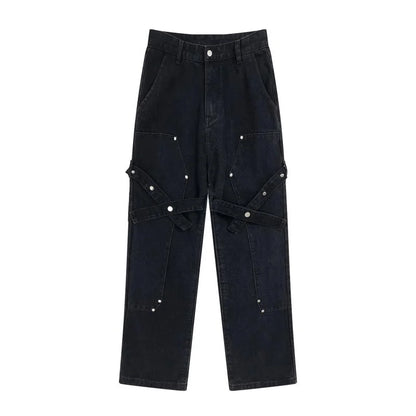 fashion knee adjust belt decoration denim jeans zipper straight jeans hip hop streetwear mens casual loose joggers jeans pants unique joggers style 1529