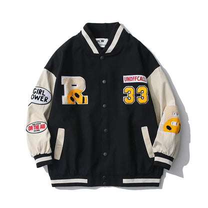 hip hop mens baseball jacket harajuku cotton streetwear embroidery letter funny smiley patchwork college jacket coat couple unique default style 62