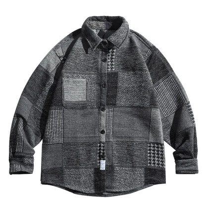 Autumn And Winter Japanese Vintage Splicing Plaid Shirt Men's Brushed Long-Sleeved Casual Thickened Versatile Woolen Shirt Street King Limited