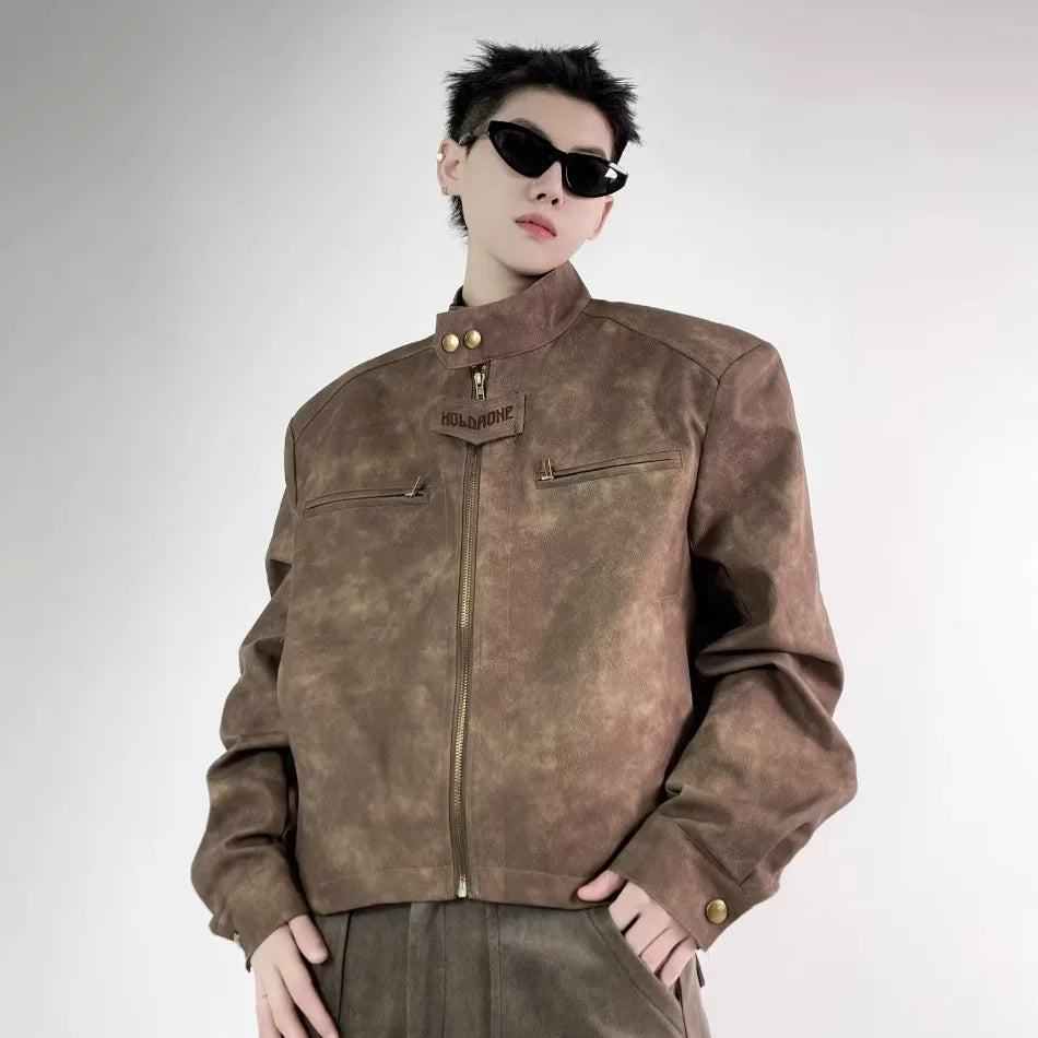 retro motorcycle pu leather jacket mens brown coffee short punk stand collar bomber coats spring high street racing suit new unique shorts style 3339